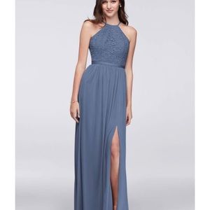 David’s bridal blue steel high neck bridesmaids